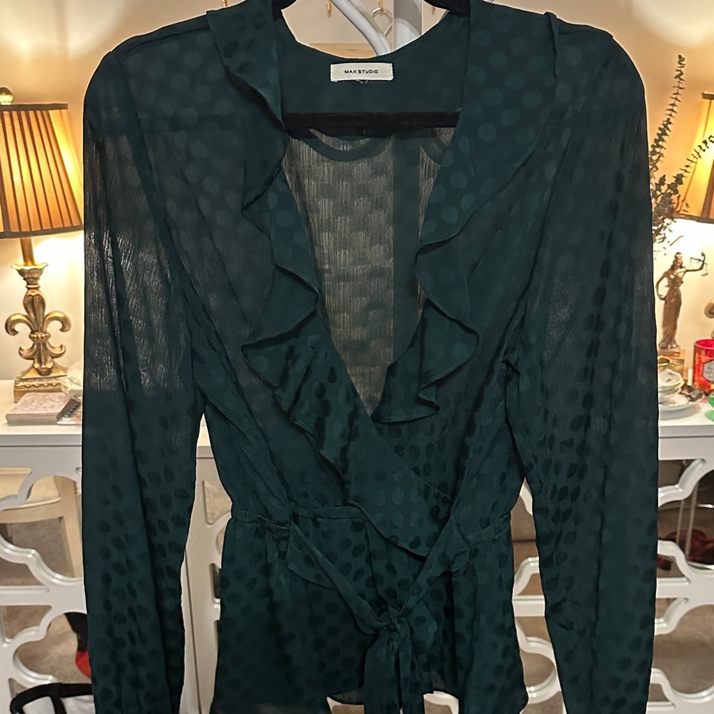 Max Studio Teal Polka Dot Ruffle Blouse